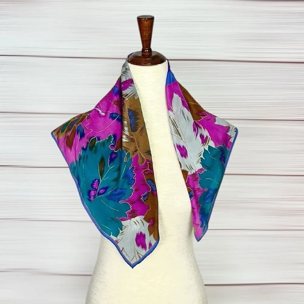 Albert Nipon for XIIX KARAT Silk Square Scarf Blue Magenta Tan Floral Vintage